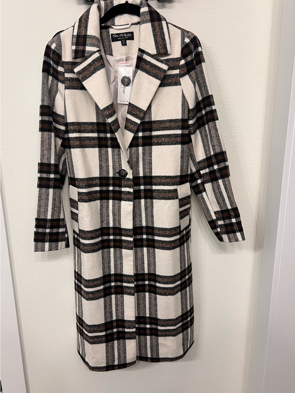 Miss Selfridge Cream Plaid Long Coat